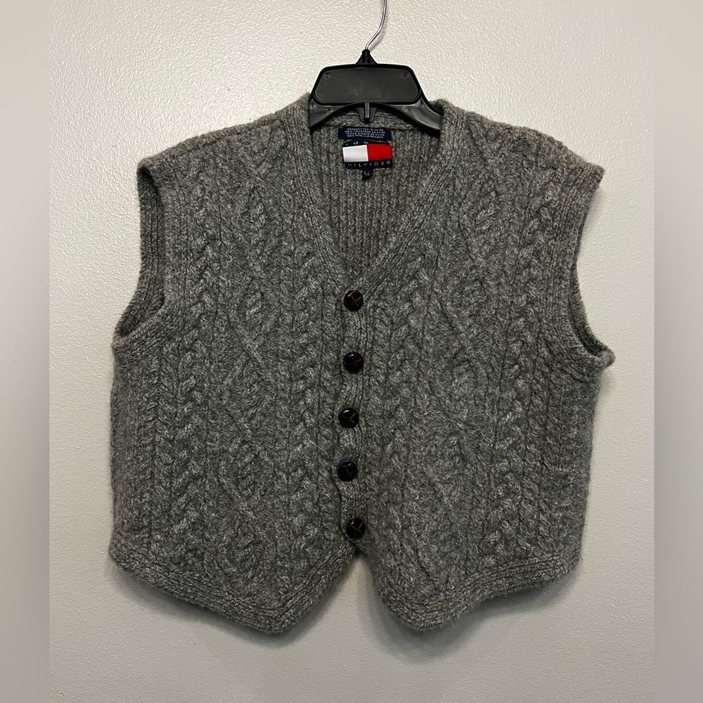 Tommy Hilfiger Men's VTG V Neck Sweater Vest Gray Wool Cable Gorpcore Size L